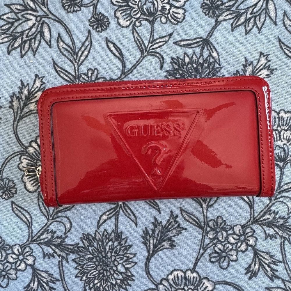 GUESS Red Patent Leather Zip Around Wallet Triangle Logo